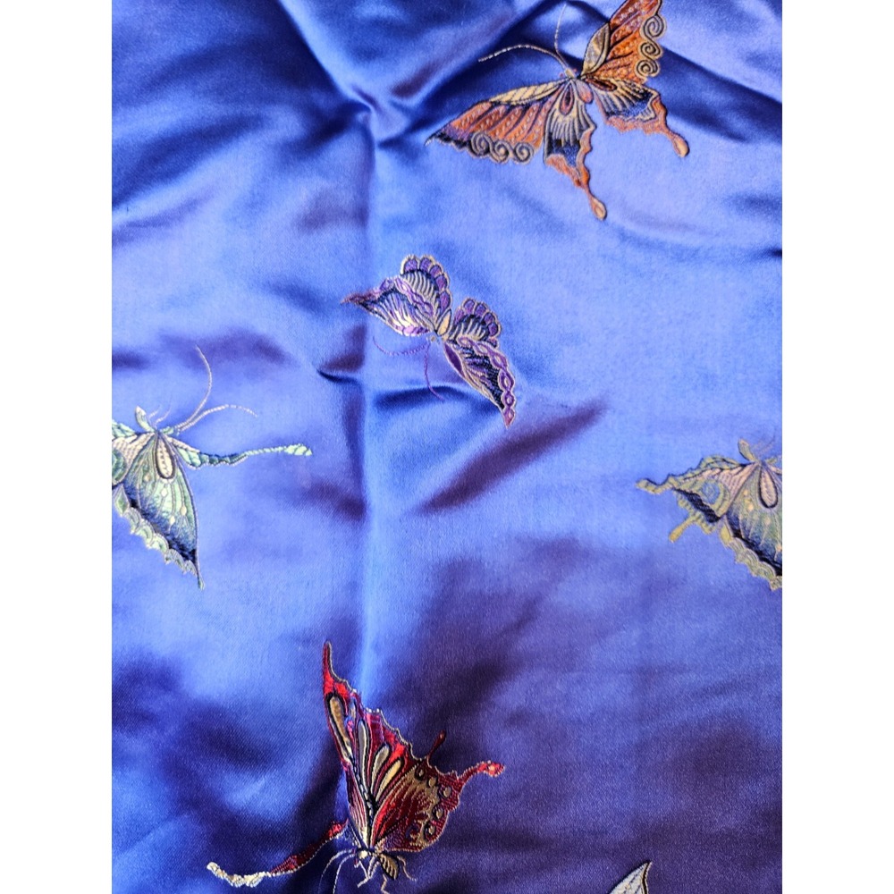 Blue Satin Butterfly Embroidered Cheongsam Qipao Maxi Dress Mandarin Collar - Picture 6 of 16